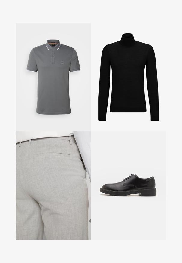 Melnā augstā kakla džemperis, kas izgatavots no mīksta materiāla, ar garām piedurknēm un pieguļušu piegriezumu. Ribota apdare ap apakšu un piedurknēm. Vienkāršs dizains.; BOSS PASSERTIP - Polo krekls - dark grey; Gaiši pelēkas pielāgotas bikses no teksturēta auduma, ar vienu aizmugurējo kabatu un tīru šuvju apdari.; Melna āda sašūta kurpe ar noapaļotu purngalu, gludu tekstūru, minimālu šuvju skaitu un zemu gumijas papēdi. Logo uz papēža.