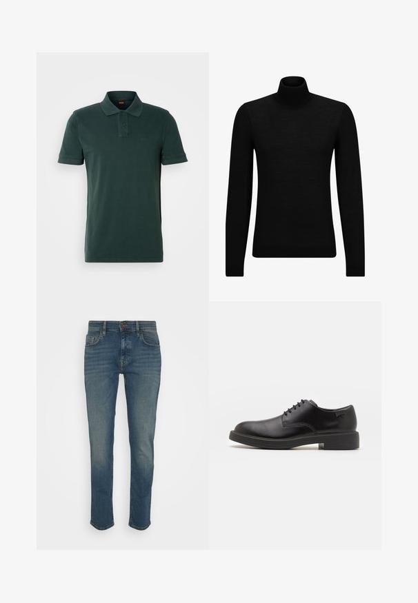Čierny rolák vyrobený z jemného materiálu, s dlhými rukávmi a tesným strihom. Hranatý lem a manžety s ribbed úpravou. Jednoduchý dizajn.; Tmavohnedý polo tričko vyrobené z bavlny, s dvoma gombíkmi, krátkymi rukávmi a diskrétnym logom na ľavej hrudi.; Tmavomodré džínsy so slim fit, s gombíkovým zapínaním, piatimi vreckami a mierne vyblednutým povrchom. Vyrobené z denimovej tkaniny.; Čierne kožené šnurovacie topánky s okrúhlou špičkou, hladkým povrchom, minimálnym prešívaním a nízkym gumovým podpätkom. Logo na podpätku.