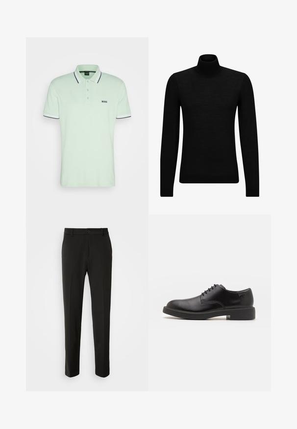Musthave muströid ja pehmest materjalist must turtleneck, millel on pikad varrukad ja tihe istuvus. Ribaga ääris allservas ja vöökohal. Lihtne disain.; BOSS PADDY - Polosärk - open green; Mustad püksid siledast kangast, sirgete jalgadega, nupuvõtme sulgemisega ja klassikaline disain, sobiv nii ametlikeks kui ka igapäevasteks kandmiseks.; Must beemel levalis kingad ümarate varvastega, sileda pinnaga, minimaalsete õmblustega ja madala kummist kontsaga. Logo kontsa peal.