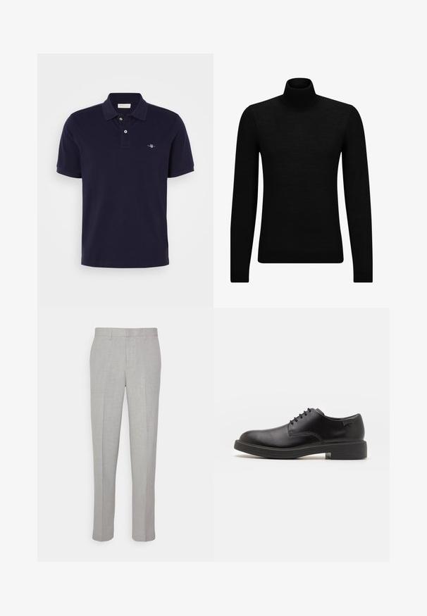 Černý rolák vyrobený z měkkého materiálu, s dlouhými rukávy a těsným střihem. Hladký lem na spodním okraji a manžetách. Jednoduchý design.; Námorně modré polo triko vyrobené z bavlny, s klasickým límečkem, dvouknoflíkovou légou, krátkými rukávy a malou vyšitou nášivkou na hrudi.; Světle šedé kalhoty s hladkou texturou, plochým předním dílem a rovnými nohavicemi. Vyrobené z prodyšného materiálu, obsahující vnitřní kapsy a poutka na opasek.; Černé kožené šněrovací boty s kulatou špičkou, hladkým povrchem, minimálním prošíváním a nízkým gumovým podpatkem. Logo na patě.