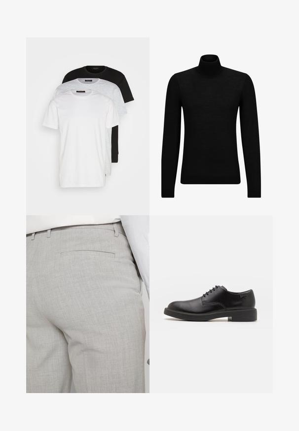 Pull à col roulé noir en matériau doux, avec des manches longues et une coupe ajustée. Finition côtelée au bas et aux poignets. Design simple.; Trois t-shirts à col rond en blanc, gris clair et noir. Fabriqués en coton doux, avec des manches courtes et une coupe décontractée.; Pantalon gris clair sur mesure en tissu texturé, avec une seule poche arrière et des coutures nettes.; Chaussure noire en cuir à lacets avec un embout arrondi, texture lisse, piqures minimales et un petit talon en caoutchouc. Logo sur le talon.