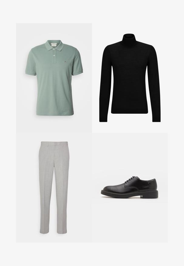 Černý rolák vyrobený z měkkého materiálu, s dlouhými rukávy a těsným střihem. Hladký lem na spodním okraji a manžetách. Jednoduchý design.; GANT REG SHIELD SS - Polotričko - dry green; Světle šedé kalhoty s hladkou texturou, plochým předním dílem a rovnými nohavicemi. Vyrobené z prodyšného materiálu, obsahující vnitřní kapsy a poutka na opasek.; Černé kožené šněrovací boty s kulatou špičkou, hladkým povrchem, minimálním prošíváním a nízkým gumovým podpatkem. Logo na patě.