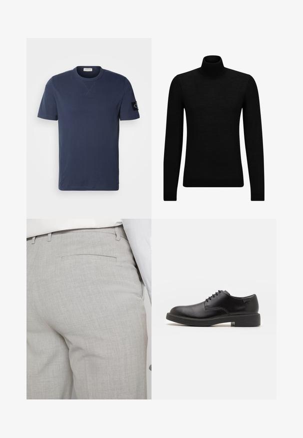 Juodas aukšto kaklo megztinis, pagamintas iš minkštos medžiagos, su ilgomis rankovėmis ir prigludusia forma. Su raukiniais apačioje ir rankogaliuose. Paprastas dizainas.; Calvin Klein Jeans BADGE REGULAR TEE - Paprasti marškinėliai - ink; Šviesiai pilkos spalvos pritaikytos kelnės iš faktūrinės medžiagos, turinčios vieną užpakalinę kišenę ir tvarkingus siūlus.; Juodas odinis batų modelis su raišteliais, apvaliu nosiu, lygiu paviršiumi, minimaliai siuvinėjimu ir žemu guminėmis pakulne. Ant pakulnės šalia logo.