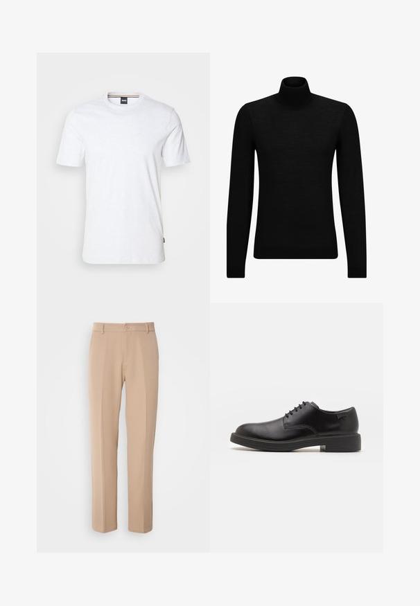 Černý rolák vyrobený z měkkého materiálu, s dlouhými rukávy a těsným střihem. Hladký lem na spodním okraji a manžetách. Jednoduchý design.; BOSS THOMPSON - Jednoduché tričko - natural; Béžové kalhoty vyrobené z hladkého materiálu, s rovnými nohavicemi, předním zapínáním na knoflík a jemnými sklady podél přední části.; Černé kožené šněrovací boty s kulatou špičkou, hladkým povrchem, minimálním prošíváním a nízkým gumovým podpatkem. Logo na patě.