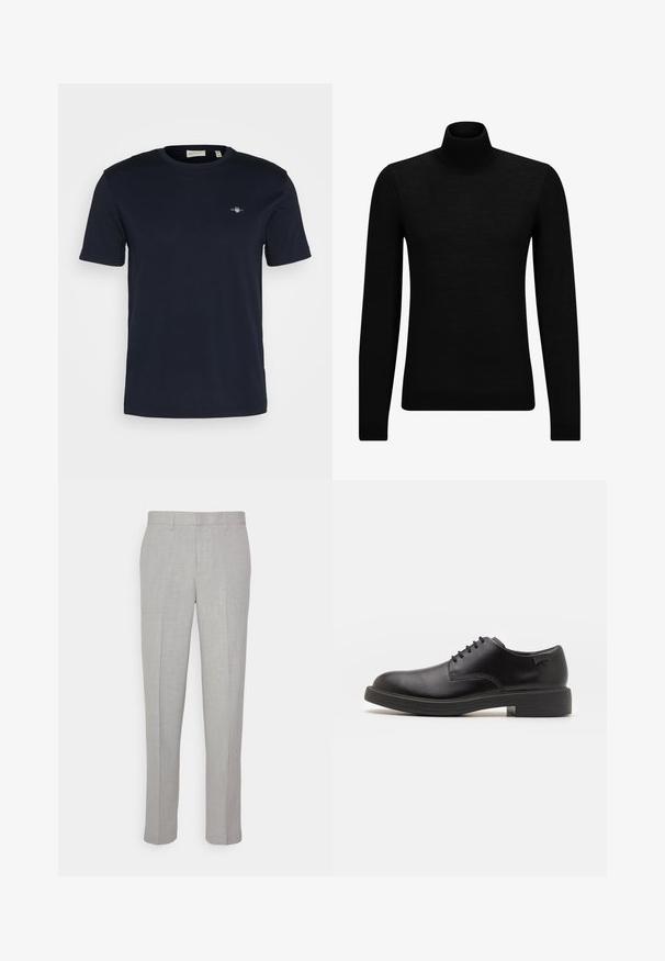 Zwarte coltrui van zacht materiaal, met lange mouwen en een snug fit. Geribbelde afwerking aan de onderkant en mouwen. Eenvoudig ontwerp.; Marineblauwe katoenen T-shirt met een ronde hals, korte mouwen, en een klein logo geborduurd op de linkerkant van de borst. Zachte textuur, standaard pasvorm.; Lichtgrijze broek met een gladde textuur, platte voorkant en rechte pijpen. Gemaakt van ademend materiaal, met interne zakken en riemlussen.; Zwarte leren veterschoen met een ronde neus, een gladde textuur, minimale stiksels en een lage rubberen hak. Logo op de hak.