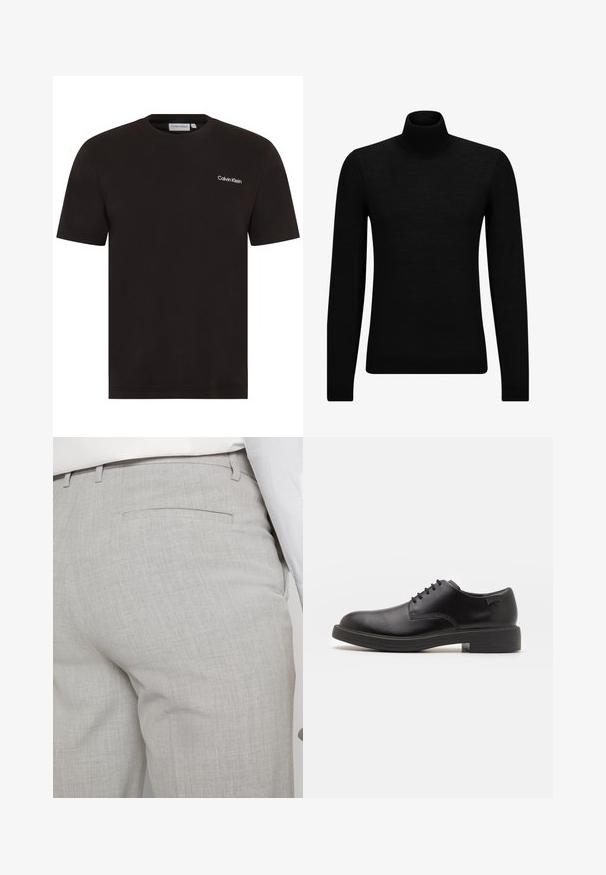 Svart genser med høy hals laget av mykt materiale, med lange ermer og en tettsittende passform. Ribbestrikket kant nederst og ved ermene. Enkelt design.; Svart t-skjorte med korte ermer laget av bomull. Har rund halslinning og en liten hvit "Calvin Klein" logo på venstre bryst.; Lysegrå skreddersydde bukser laget av teksturert stoff, med en enkelt baklomme og rene sømmer.; Svart lær snøre sko med rund tå, glatt tekstur, minimal søm, og lav gummihæl. Logo på hælen.