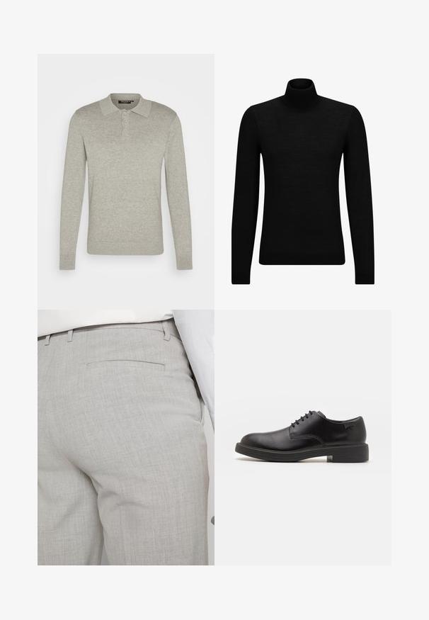 Black turtleneck sweater made of soft material, featuring long sleeves and a snug fit. Ribbed trim at the hem and cuffs. Simple design.; Long-sleeve light gray polo shirt made of soft fabric, featuring a three-button placket and ribbed cuffs, with a classic collar design.; Light gray tailored trousers made of textured fabric, featuring a single back pocket and clean stitching.; Black leather lace-up shoe with a rounded toe, smooth texture, minimal stitching, and a low rubber heel. Logo on the heel.