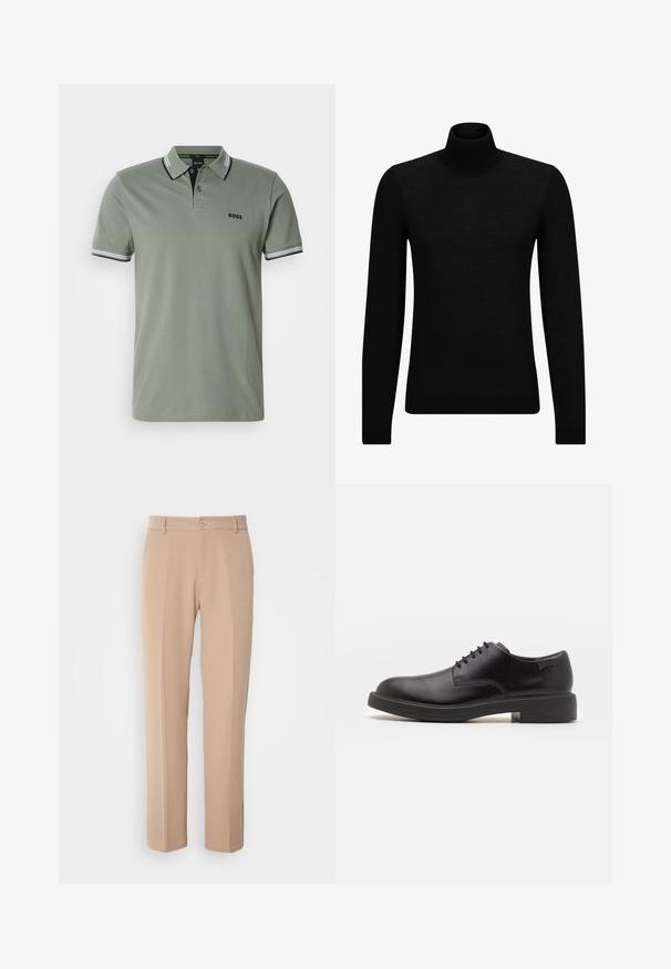 Zwarte coltrui van zacht materiaal, met lange mouwen en een snug fit. Geribbelde afwerking aan de onderkant en mouwen. Eenvoudig ontwerp.; Lichtgroen polo-shirt met korte mouwen, twee knopen, gestreepte kraag en manchetten, en het "BOSS"-logo op de linkerborst.; Beige broek gemaakt van gladde stof, met een rechte pasvorm, een sluiting met een knoop aan de voorkant en subtiele plis details aan de voorkant.; Zwarte leren veterschoen met een ronde neus, een gladde textuur, minimale stiksels en een lage rubberen hak. Logo op de hak.