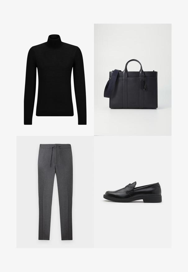 Fekete garbó pulóver puha anyagból, hosszú ujjakkal és szoros fazonnal. Ribbed díszítés az alján és az ujjak végén. Egyszerű dizájn.; Sötétszürke, tapered fazonú nadrág, rugalmas derékkal és zsinórral, finom gyűrődésekkel az elején.; Fekete bőr mokaszinok kerek orral, a felsőrészén kiemelkedő varrással és lapos gumitalppal. Sima textúra, klasszikus dizájn.; Sötét tengerészkék bőr aktatáska, dupla felső fogantyúval és levehető pánttal. Texturált felülettel, függőleges varrással és logó részlettel rendelkezik.