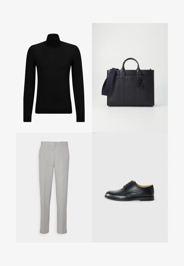 Pulover negru cu guler înalt, realizat dintr-un material moale, cu mâneci lungi și o croială ajustată. Tiv și mansete cu margine ondulată. Design simplu.; Pantaloni gri deschis cu o textură netedă, față plată și picioare drepte. Realizați dintr-o țesătură respirabilă, cu buzunare interioare și brâie.; Calvin Klein Pantofi eleganți cu șireturi - triple black; Servietă din piele de culoare albastru închis, cu două mânere superioare și o curea detasabilă. Prezintă un finisaj texturat, cusături verticale și detalii cu logo.