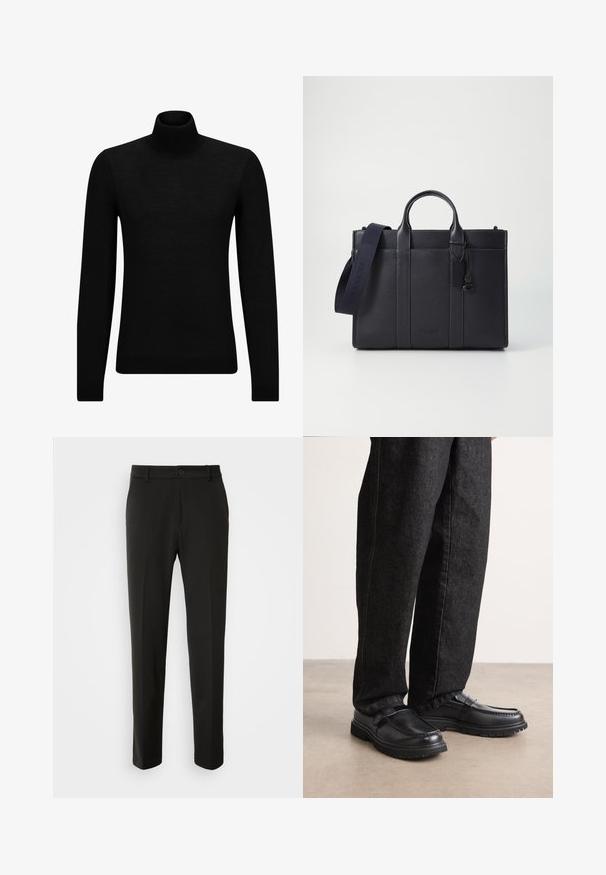 Černý rolák vyrobený z měkkého materiálu, s dlouhými rukávy a těsným střihem. Hladký lem na spodním okraji a manžetách. Jednoduchý design.; Černé kalhoty vyrobené z hladkého materiálu, s rovnými nohavicemi, zapínáním na knoflík a klasickým designem vhodným pro formální i neformální nošení.; Černé kožené boty s texturovaným povrchem, vyznačující se vystouplým švem a pevnou gumovou podrážkou, nošené s tmavými džíny.; Tmavě námořnická kožená aktovka s dvojitými horními rukojeťmi a odnímatelným popruhem. Má texturovaný povrch, vertikální švy a detail s logem.