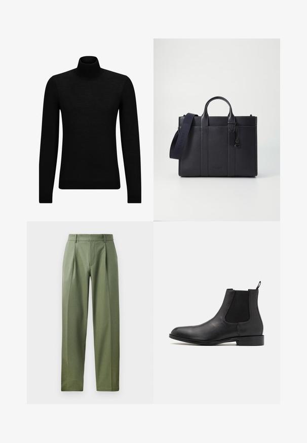 Jersey de cuello alto negro hecho de un material suave, con mangas largas y un ajuste ceñido. Ribete acanalado en el dobladillo y los puños. Diseño simple.; Pantalones a medida en tejido verde olivo con una textura suave, que cuentan con dos pliegues frontales, trabillas para el cinturón y un diseño de pierna recta.; Bota chelsea negra de cuero con paneles laterales elásticos, diseño elegante, punta redonda y tirador. Textura suave y tacón bajo apilado.; Maletín de cuero negro marino con dos asas superiores y una correa desmontable. Presenta un acabado texturizado, costura vertical y detalle del logo.