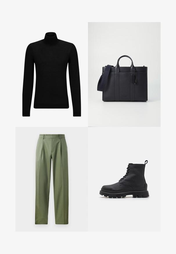 Pulover negru cu guler înalt, realizat dintr-un material moale, cu mâneci lungi și o croială ajustată. Tiv și mansete cu margine ondulată. Design simplu.; Pantaloni personalizați din țesătură verde măsliniu cu o textură netedă, având două plii frontale, curea și un design cu picior drept.; Botine negre din piele cu finisaj texturat, design cu sireturi, talpă rezistentă și o bucată de prindere la călcâi. Marcate cu "HUGO" pe lateral.; Servietă din piele de culoare albastru închis, cu două mânere superioare și o curea detasabilă. Prezintă un finisaj texturat, cusături verticale și detalii cu logo.