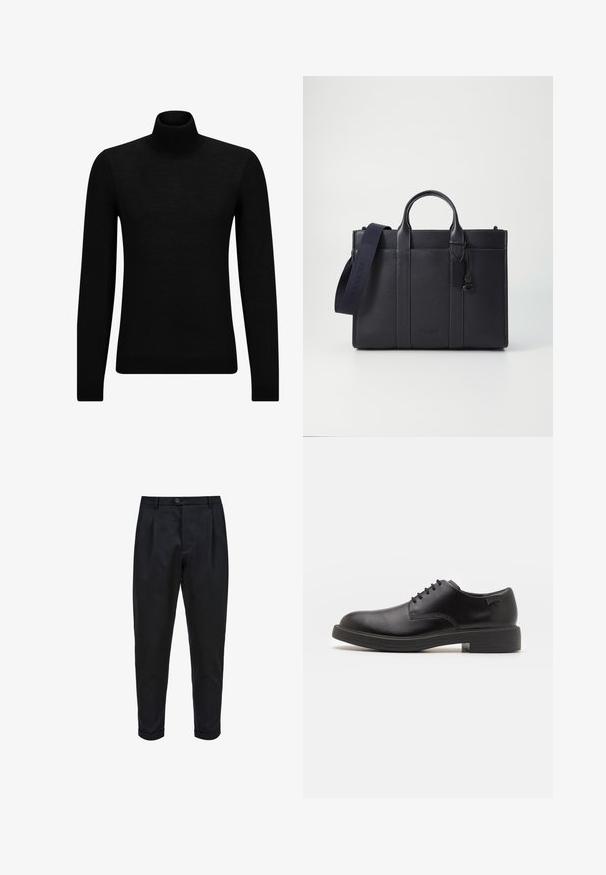 Černý rolák vyrobený z měkkého materiálu, s dlouhými rukávy a těsným střihem. Hladký lem na spodním okraji a manžetách. Jednoduchý design.; Černé kalhoty vyrobené z hladké látky, s plisovaným předním dílem, zúženým střihem a ohrnutými manžetami. Jednoduché zapínání na knoflík v pase.; Černé kožené šněrovací boty s kulatou špičkou, hladkým povrchem, minimálním prošíváním a nízkým gumovým podpatkem. Logo na patě.; Tmavě námořnická kožená aktovka s dvojitými horními rukojeťmi a odnímatelným popruhem. Má texturovaný povrch, vertikální švy a detail s logem.