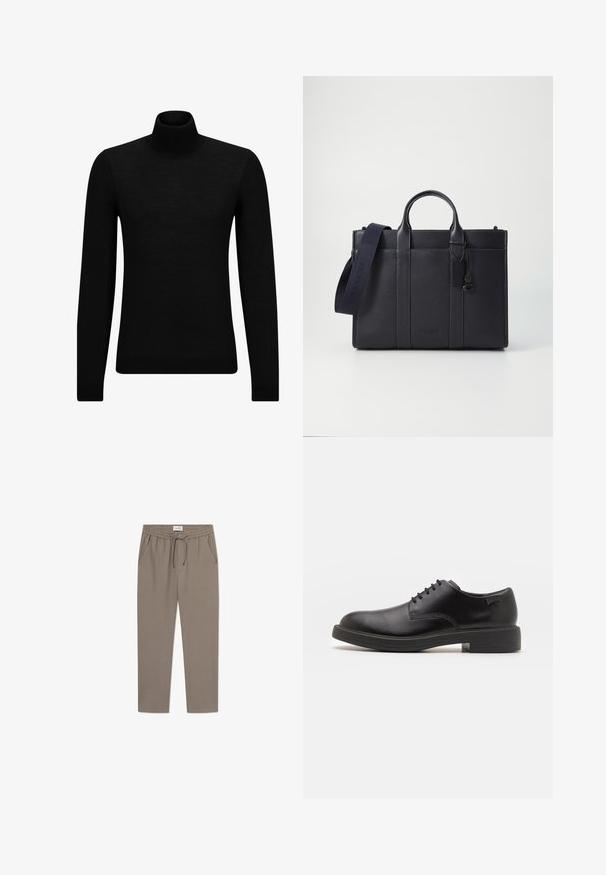 Black turtleneck sweater made of soft material, featuring long sleeves and a snug fit. Ribbed trim at the hem and cuffs. Simple design.; Gray jogger pants with an elastic waistband, drawstring, and side pockets. Fabric appears smooth with a relaxed fit and tapered legs.; Black leather lace-up shoe with a rounded toe, smooth texture, minimal stitching, and a low rubber heel. Logo on the heel.; Dark navy leather briefcase with dual top handles and a detachable strap. Features textured finish, vertical stitching, and logo detail.