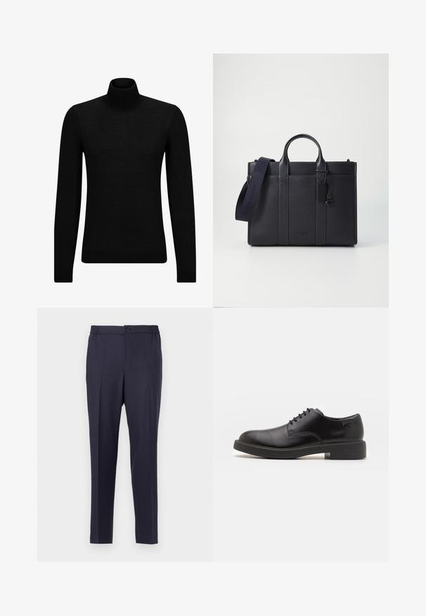 Black turtleneck sweater made of soft material, featuring long sleeves and a snug fit. Ribbed trim at the hem and cuffs. Simple design.; Navy blue trousers with a flat front, elastic waistband, and button closure. Straight cut and smooth texture, suitable for formal or casual wear.; Black leather lace-up shoe with a rounded toe, smooth texture, minimal stitching, and a low rubber heel. Logo on the heel.; Dark navy leather briefcase with dual top handles and a detachable strap. Features textured finish, vertical stitching, and logo detail.