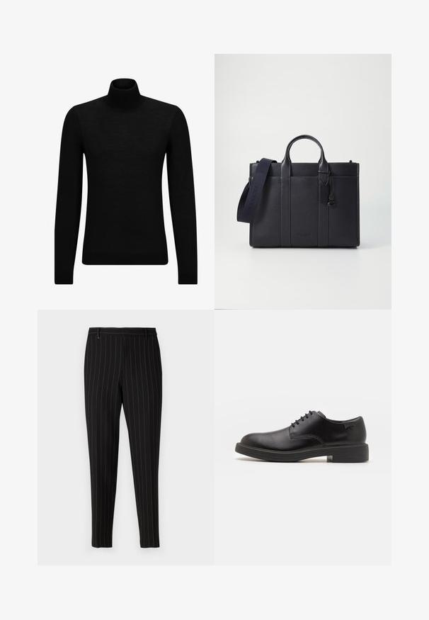 Svart polotröja gjord av mjukt material, med långa ärmar och en åtsittande passform. Ribbat avslut vid fåll och ärmslut. Enkelt mönster.; Svarta byxor med tunna vertikala ränder, skräddarsydd passform, framfickor och bälteshällor. Tillverkade av ett slätt, texturerat tyg.; Svart läder snörsko med rund tå, slät yta, minimal söm och låg gummihäl. Logotyp på hälen.; Mörk marinblå läderportfölj med dubbla övre handtag och avtagbar rem. Utmärkt med strukturerad yta, vertikal sömnad och logotypdetalj.