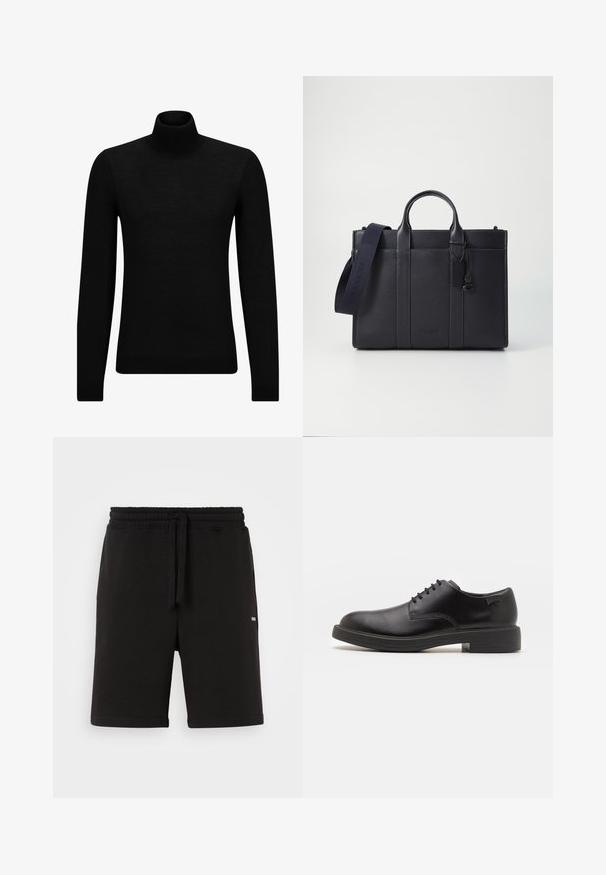 Sort turtleneck sweater lavet af blødt materiale, med lange ærmer og en tætsiddende pasform. Ribbet trim ved kanten og manchetter. Simpelt design.; Sorte bomulds shorts med elastisk talje og snøre. Har sidelommer og et lille logo foran. Glat tekstur.; Sorte læder snørestøvle med rund tå, glat tekstur, minimal syning og lav gummihæl. Logo på hælen.; Mørkeblå læderaktet med dobbelte topgreb og en aftagelig rem. Har tekstureret overflade, lodret syning og logodetalje.