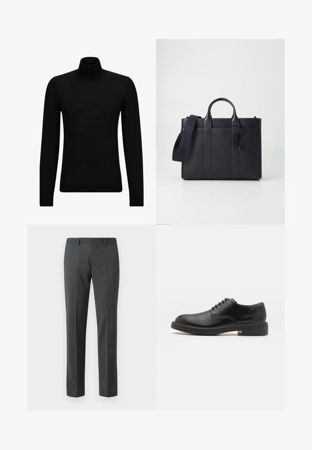 Pull à col roulé noir en matériau doux, avec des manches longues et une coupe ajustée. Finition côtelée au bas et aux poignets. Design simple.; Pantalons ajustés gris foncé en textile lisse. Présente des jambes droites, une taille plate et des passants de ceinture. Pas de motifs ou d'accents visibles.; Chaussure noire en cuir à lacets avec un embout arrondi, texture lisse, piqures minimales et un petit talon en caoutchouc. Logo sur le talon.; Malette en cuir bleu marine foncé avec deux poignées supérieures et une sangle détachable. Présente une finition texturée, des coutures verticales et un détail de logo.
