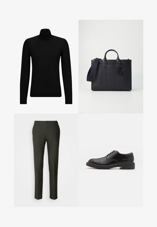 Melnā augstā kakla džemperis, kas izgatavots no mīksta materiāla, ar garām piedurknēm un pieguļušu piegriezumu. Ribota apdare ap apakšu un piedurknēm. Vienkāršs dizains.; Les Deux COMO PANTS SEASONAL - Chinos tipa bikses - deep forest/charcoal; Melna āda sašūta kurpe ar noapaļotu purngalu, gludu tekstūru, minimālu šuvju skaitu un zemu gumijas papēdi. Logo uz papēža.; Tumši jūras zila ādas portfelis ar divām augšējām rokturiem un noņemamu siksnu. Ar teksturētu apdari, vertikālām šuvēm un logo detaļu.