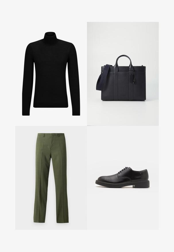 Schwarzer Rollkragenpullover aus weichem Material mit langen Ärmeln und enger Passform. Rippbesatz am Saum und an den Bündchen. Einfaches Design.; Olivenfarbene maßgeschneiderte Hosen mit glatter Textur, geradem Schnitt und vorderem Bundfalten, geeignet für formelle oder halbformelle Anlässe.; Schwarzer Leder-Schnürschuh mit abgerundetem Zeh, glatter Textur, minimaler Naht und niedrigem Gummiabsatz. Logo auf der Ferse.; Dunkelblaues Lederaktentasche mit doppelten oberen Griffen und einem abnehmbaren Gurt. Merkmale sind die strukturierte Oberfläche, vertikale Nähte und das Logo-Detail.