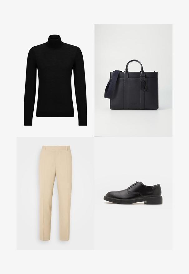 Crni dukserica s visokim ovratnikom, napravljena od mekanog materijala, s dugim rukavima i priljubljenim krojem. Rebrasti detalji na donjem rubu i rukavima. Jednostavan dizajn.; Bež hlače krojene od lagane tkanine s ravnim nogavicama, koje imaju dva prednja džepa i uredno čekane nabore.; Crne kožne cipele s vezanjem i zaobljenim vrhom, glatke teksture, minimalnim šavovima i niskim gumiranim potplatom. Logo se nalazi na peti.; Tamno plavi kožni aktovka s dvije gornje ručke i odvojivim remenom. Ima teksturiranu površinu, vertikalno šivenje i detalj s logotipom.
