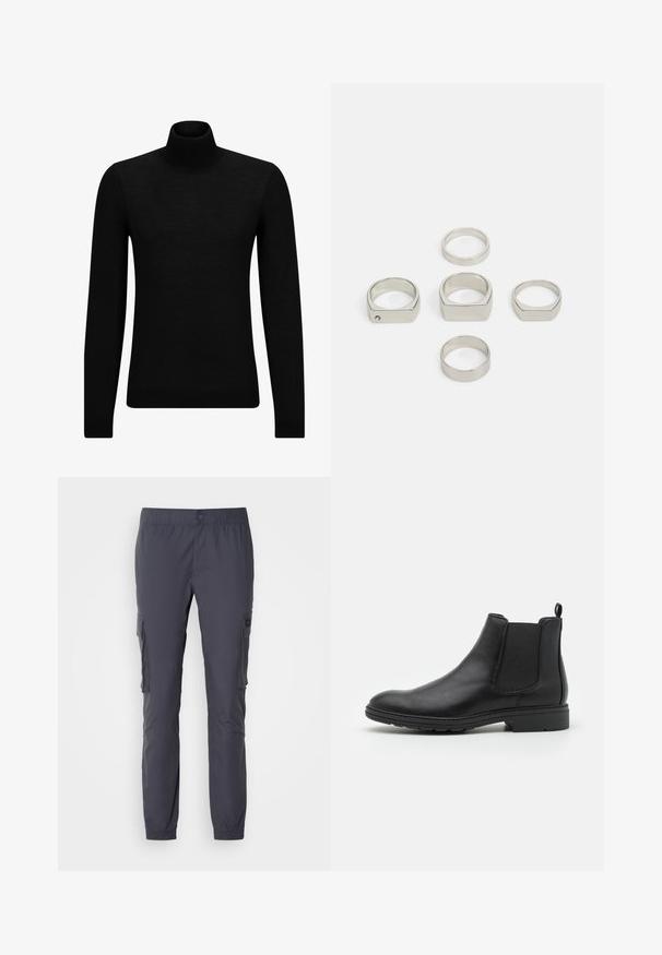 Černý rolák vyrobený z měkkého materiálu, s dlouhými rukávy a těsným střihem. Hladký lem na spodním okraji a manžetách. Jednoduchý design.; Pánské tmavě šedé cargo kalhoty s elastickým pasem, dvěma postranními kapsami a zúženým střihem. Vyrobeny z lehkého a odolného materiálu.; Černé kožené Chelsea boty s elastickými bočními panely a poutkem, s kulatou špičkou a texturovanou gumovou podrážkou.; Sada šesti kovových stříbrných prstenů v různých tvarech, včetně kulatých a čtvercových, s hladkým povrchem a minimalistickým designem.