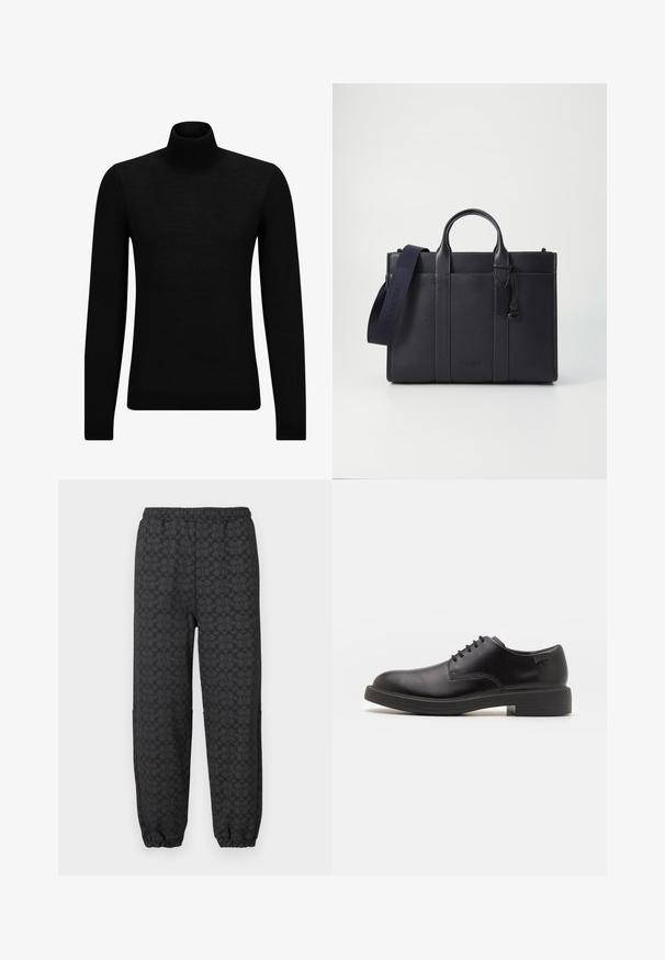Melnā augstā kakla džemperis, kas izgatavots no mīksta materiāla, ar garām piedurknēm un pieguļušu piegriezumu. Ribota apdare ap apakšu un piedurknēm. Vienkāršs dizains.; COACH NEW ESSENTIAL - Treniņtērpa apakšdaļas - charcoal; Melna āda sašūta kurpe ar noapaļotu purngalu, gludu tekstūru, minimālu šuvju skaitu un zemu gumijas papēdi. Logo uz papēža.; Tumši jūras zila ādas portfelis ar divām augšējām rokturiem un noņemamu siksnu. Ar teksturētu apdari, vertikālām šuvēm un logo detaļu.
