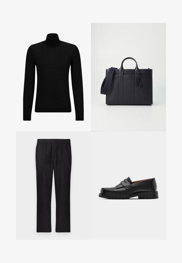 Black turtleneck sweater made of soft material, featuring long sleeves and a snug fit. Ribbed trim at the hem and cuffs. Simple design.; Black linen pants with an elastic waistband and straight-leg design. Lightweight fabric with a smooth texture, no visible patterns or hardware.; Black leather loafers feature a raised seam, two decorative straps on the upper, and a thick textured sole for added grip.; Dark navy leather briefcase with dual top handles and a detachable strap. Features textured finish, vertical stitching, and logo detail.