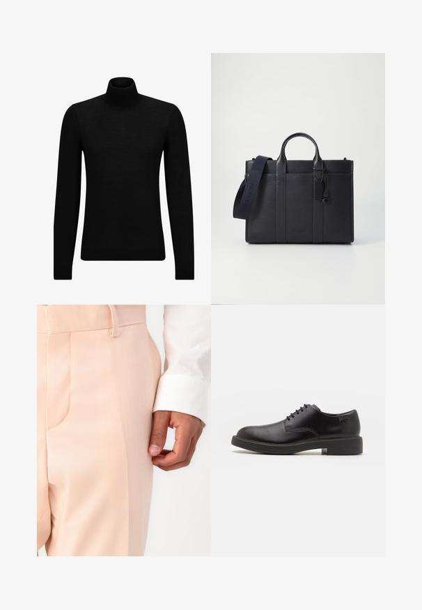 Musthave muströid ja pehmest materjalist must turtleneck, millel on pikad varrukad ja tihe istuvus. Ribaga ääris allservas ja vöökohal. Lihtne disain.; Karmiinroosad kohandatud püksid siledast kangast, küljetasku ja vööringa ning valge särk käisekaitsega.; Must beemel levalis kingad ümarate varvastega, sileda pinnaga, minimaalsete õmblustega ja madala kummist kontsaga. Logo kontsa peal.; Tumedat mere nahkbriefcase kahekordsete ülemiste käepidemetega ja eemaldatava rihmaga. Omab tekstureeritud viimistlust, vertikaalset õmblust ja logodetaili.