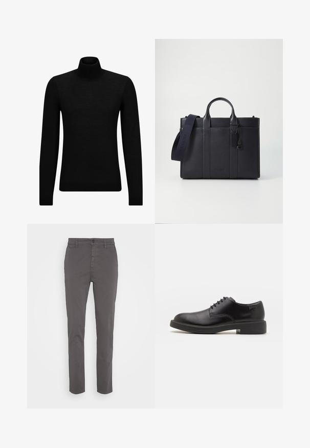 Svart polotröja gjord av mjukt material, med långa ärmar och en åtsittande passform. Ribbat avslut vid fåll och ärmslut. Enkelt mönster.; Grå chinos med smal passform, tillverkade av andningsbart bomull. Har en knappstängning och sidofickor, med en slät, matt finish.; Svart läder snörsko med rund tå, slät yta, minimal söm och låg gummihäl. Logotyp på hälen.; Mörk marinblå läderportfölj med dubbla övre handtag och avtagbar rem. Utmärkt med strukturerad yta, vertikal sömnad och logotypdetalj.