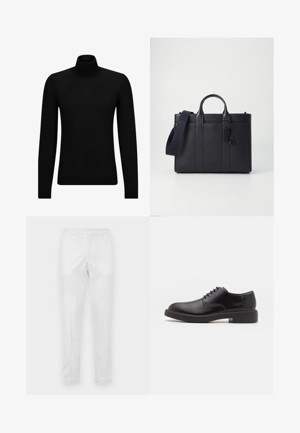 Črna turtleneck pulover iz mehkega materiala, z dolgimi rokavi in tesnim prileganjem. R ibana obroba na robu in rokavih. Preprosta zasnova.; Zgostene bele hlače s prešnimi zankami, sprednjim zadrgo in stranskimi žepi, prikazane ravno na nevtralni podlagi.; Črne usnjene čipkaste čevlje z zaobljenim nosom, gladko teksturo, minimalnim šitjem in nizkim gumijastim peto. Logo na peti.; Temno mornarsko usnjeno aktovko z dvema zgoraj ročaji in odstranljivim trakom. Ima teksturirano površino, navpične šive in podrobnost z logotipom.