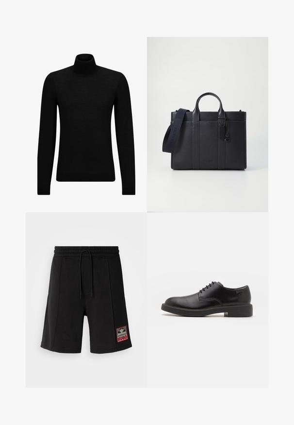 Pulover negru cu guler înalt, realizat dintr-un material moale, cu mâneci lungi și o croială ajustată. Tiv și mansete cu margine ondulată. Design simplu.; HUGO DEXEY RB - Pantaloni de trening - black; Pantofii din piele neagră, cu șireturi, au vârful rotunjit, o textură netedă, cusături minime și un toc de cauciuc scăzut. Logo pe toc.; Servietă din piele de culoare albastru închis, cu două mânere superioare și o curea detasabilă. Prezintă un finisaj texturat, cusături verticale și detalii cu logo.