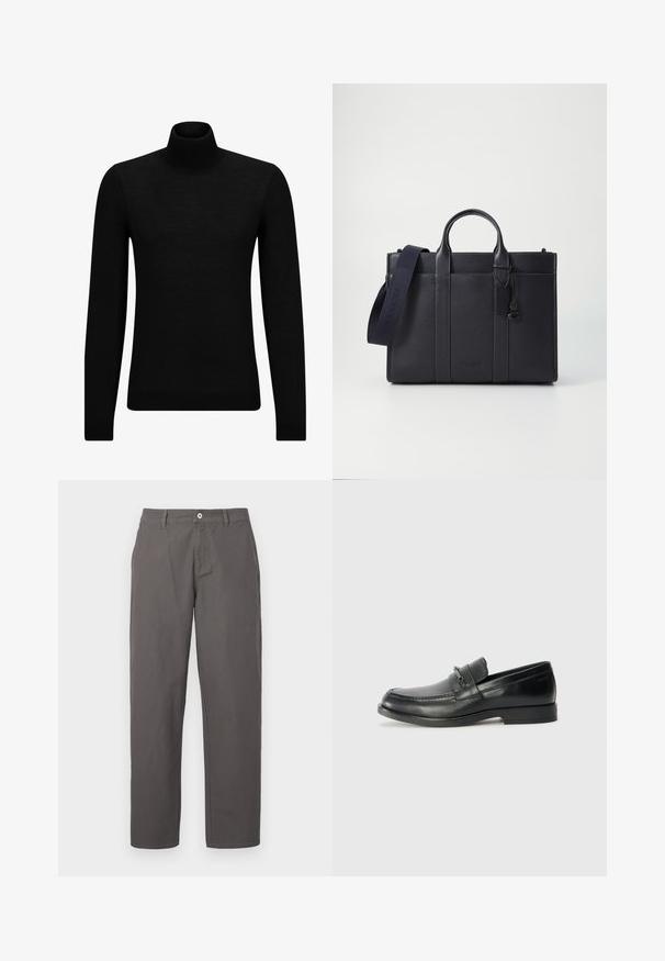 Pull à col roulé noir en matériau doux, avec des manches longues et une coupe ajustée. Finition côtelée au bas et aux poignets. Design simple.; Pantalons en coton gris au design droit, avec fermeture à bouton à l'avant, fermeture à glissière et poches latérales. Texture lisse, sans motifs.; Mocassins en cuir noir à bout rond, avec un design cousu, une petite sangle à l'avant avec des détails en métal et une semelle plate en caoutchouc.; Malette en cuir bleu marine foncé avec deux poignées supérieures et une sangle détachable. Présente une finition texturée, des coutures verticales et un détail de logo.