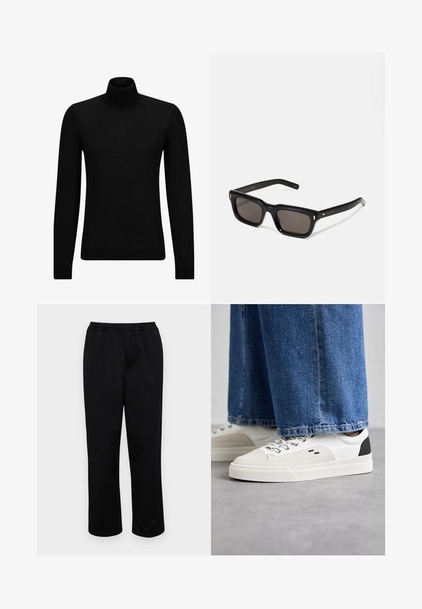 Crni dukserica s visokim ovratnikom, napravljena od mekanog materijala, s dugim rukavima i priljubljenim krojem. Rebrasti detalji na donjem rubu i rukavima. Jednostavan dizajn.; Crne hlače srednje dužine s elastičnom trakom u struku. Izrađene od glatkog materijala, imaju opušteni kroj i nemaju vidljive džepove ili ukrase.; Bijele i crne tenisice s glatkim kožnim gornjištem, teksturiranim detaljima i debelim bijelim potplatom. Imaju klasičan dizajn vezanja.; Crne pravokutne sunčane naočale s tamnim lećama, debelim plastičnim okvirom, zlatnim akcentima na sljepoočnicama i logotipom marke ugraviranim na dršku.; Crna kožna torba preko tijela s prednjim džepom na zip, utisnutim logotipom i podesivim remenom. Glatka tekstura s oblikom koji zadržava strukturu.