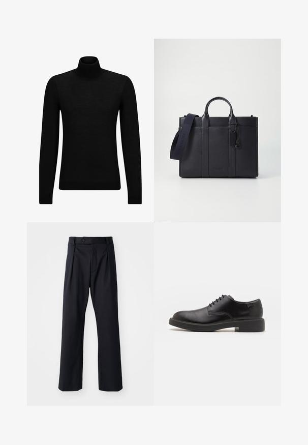 Fekete garbó pulóver puha anyagból, hosszú ujjakkal és szoros fazonnal. Ribbed díszítés az alján és az ujjak végén. Egyszerű dizájn.; Fekete nadrág sima anyagból, egyenes lábú fazonnal, elöl redőkkel és egy gombbal záródó derékkal.; Fekete bőrcipő, kerek orrú, sima felületű, minimális varrással és alacsony gumitalppal. Logó a sarokrészen.; Sötét tengerészkék bőr aktatáska, dupla felső fogantyúval és levehető pánttal. Texturált felülettel, függőleges varrással és logó részlettel rendelkezik.
