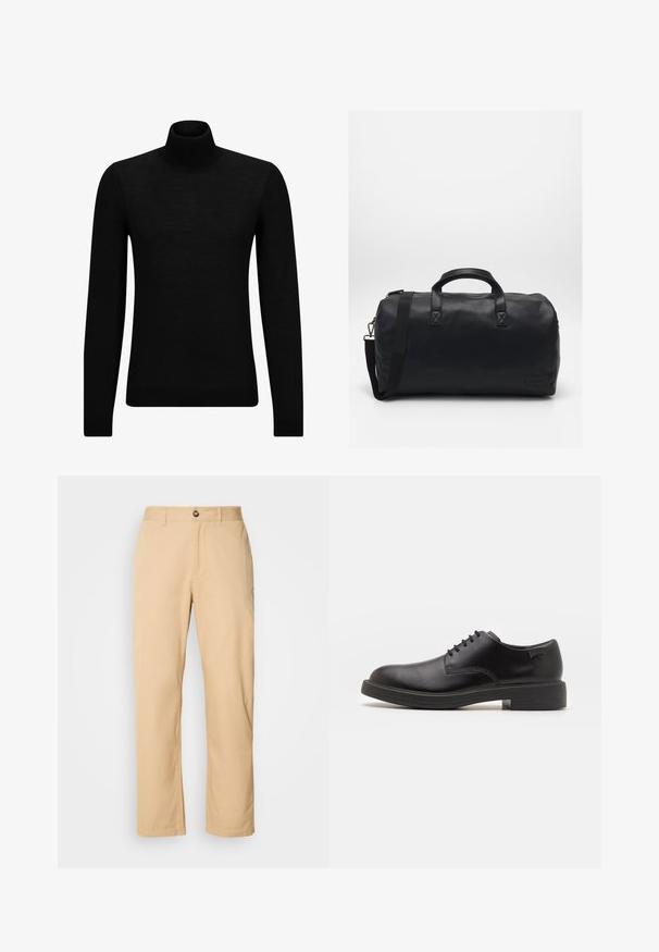 Černý rolák vyrobený z měkkého materiálu, s dlouhými rukávy a těsným střihem. Hladký lem na spodním okraji a manžetách. Jednoduchý design.; Khaki bavlněné kalhoty s rovnými nohavicemi, vybavené předním zapínáním na knoflík a poutky na opasek. Hladká textura a jednolitý povrch.; Černé kožené šněrovací boty s kulatou špičkou, hladkým povrchem, minimálním prošíváním a nízkým gumovým podpatkem. Logo na patě.; Černá sportovní taška vyrobená z texturovaného syntetického materiálu. Má dvě ucha a nastavitelné ramenní poutko. Jednoduchý design bez viditelných vzorů.