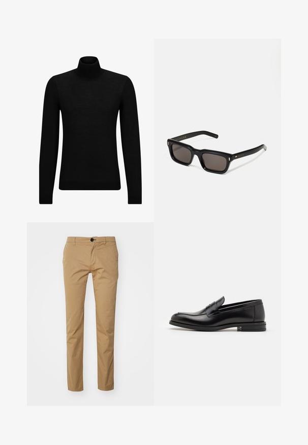 Black turtleneck sweater made of soft material, featuring long sleeves and a snug fit. Ribbed trim at the hem and cuffs. Simple design.; Beige cotton trousers with a slim fit, featuring a single button closure, front pockets, and a smooth texture. Flat front design.; Black leather loafers with a smooth texture, rounded toe, and a decorative strap across the vamp. Low stacked heel, minimalist design.; Black rectangular sunglasses with dark lenses, thick plastic frame, gold accents on temples, and brand logo engraved on the arm.