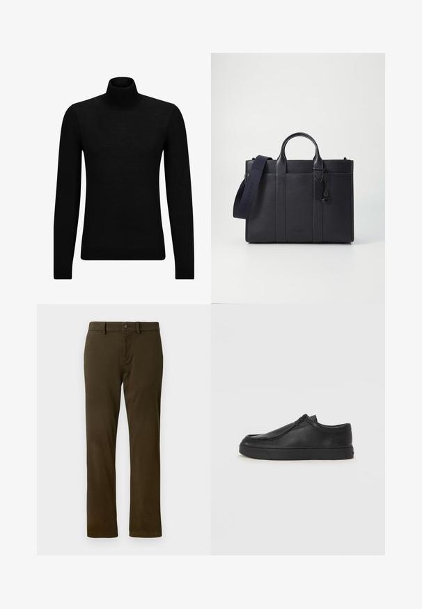 Black turtleneck sweater made of soft material, featuring long sleeves and a snug fit. Ribbed trim at the hem and cuffs. Simple design.; Dark green chino pants featuring a classic fit, belt loops, and a front button closure. Smooth, textured fabric with straight legs.; Black leather slip-on shoe with a rounded toe, stitched detailing, and black rubber sole. Smooth texture with minimalistic design.; Dark navy leather briefcase with dual top handles and a detachable strap. Features textured finish, vertical stitching, and logo detail.