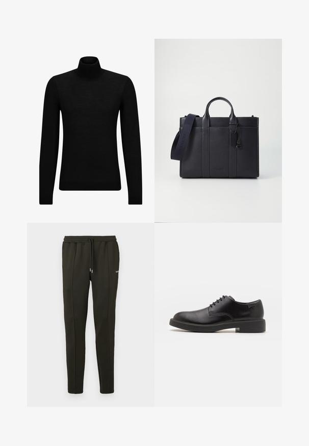 Fekete garbó pulóver puha anyagból, hosszú ujjakkal és szoros fazonnal. Ribbed díszítés az alján és az ujjak végén. Egyszerű dizájn.; Sötétzöld sportnadrág texturált anyagból, elasztikus derékkal, zsinórral és diszkrét logóval az oldalon.; Fekete bőrcipő, kerek orrú, sima felületű, minimális varrással és alacsony gumitalppal. Logó a sarokrészen.; Sötét tengerészkék bőr aktatáska, dupla felső fogantyúval és levehető pánttal. Texturált felülettel, függőleges varrással és logó részlettel rendelkezik.