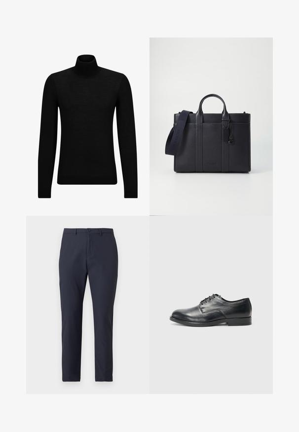 Juodas aukšto kaklo megztinis, pagamintas iš minkštos medžiagos, su ilgomis rankovėmis ir prigludusia forma. Su raukiniais apačioje ir rankogaliuose. Paprastas dizainas.; Jūrų mėlynos lengvos kelnės su sraigtiniu dizainu, turinčios mygtukų užsegimą, diržo kilpas ir lygų paviršių. Prigludusi iškirpimas.; Juodas odinis batų modelis su suapvalintu pirštu, plokščiu padu ir šešiomis akių skylutėmis raišteliams; lygus paviršius ir minimalistinis dizainas.; Tamsiai mėlynas odinis portfelis su dviem viršutinėmis rankenomis ir nuimamu diržu. Yra tekstūruotas paviršius, vertikalios siūlės ir logotipo detalė.