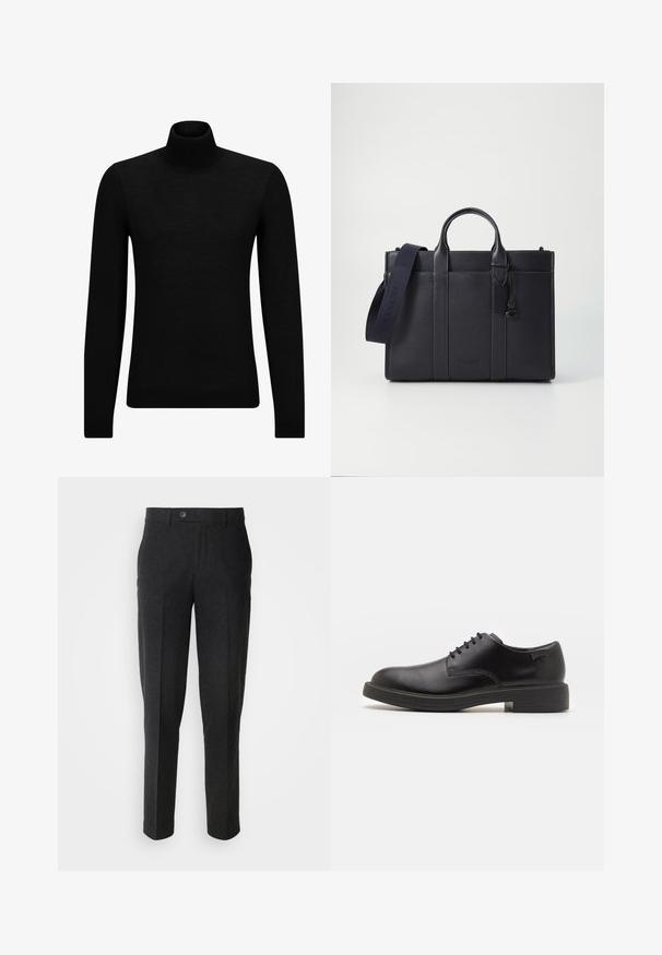 Czarny sweter z golfem wykonany z miękkiego materiału, z długimi rękawami i dopasowanym krojem. Żebrowane wykończenie na dolnym brzegu i mankietach. Prosty design.; Lindbergh - Spodnie materiałowe; Czarny skórzany but za kostkę z okrągłym noskiem, gładką fakturą, minimalnym przeszyciem i niskim gumowym obcasem. Logo na pięcie.; Ciemnogranatowa skórzana teczka z podwójnymi rączkami u góry i odpinanym paskiem. Posiada teksturowane wykończenie, pionowe przeszycia oraz detal z logo.