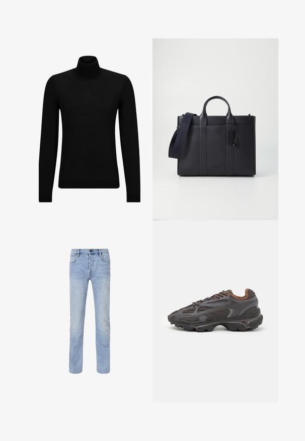 Černý rolák vyrobený z měkkého materiálu, s dlouhými rukávy a těsným střihem. Hladký lem na spodním okraji a manžetách. Jednoduchý design.; Světle modré džíny z denimové látky se střihm s rovnými nohavicemi, pěti kapsami a bleštěnými oblastmi. Obsahují zip a zapínání na knoflík.; Sněrovací boty Lacoste v tmavě šedé barvě s síťovinou a syntetickým materiálem, prezentující texturovanou podrážku a hnědé detaily na límci a logu.; Tmavě námořnická kožená aktovka s dvojitými horními rukojeťmi a odnímatelným popruhem. Má texturovaný povrch, vertikální švy a detail s logem.