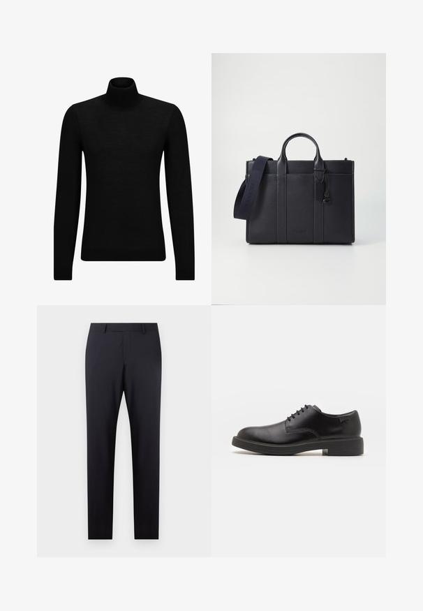 Pulover negru cu guler înalt, realizat dintr-un material moale, cu mâneci lungi și o croială ajustată. Tiv și mansete cu margine ondulată. Design simplu.; Pantaloni negri închis, marcați, cu un front plat, croială slim, buzunare laterale și o textură netedă; fără modele vizibile sau embellisemente.; Pantofii din piele neagră, cu șireturi, au vârful rotunjit, o textură netedă, cusături minime și un toc de cauciuc scăzut. Logo pe toc.; Servietă din piele de culoare albastru închis, cu două mânere superioare și o curea detasabilă. Prezintă un finisaj texturat, cusături verticale și detalii cu logo.
