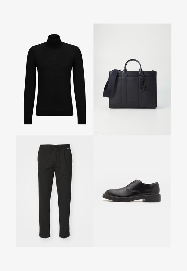 Fekete garbó pulóver puha anyagból, hosszú ujjakkal és szoros fazonnal. Ribbed díszítés az alján és az ujjak végén. Egyszerű dizájn.; Fekete tréningnadrág húzózsinórral a derekán, két elülső zsebbel, slim fit szabással és puha, texturált anyaggal. Nincsenek látható logó részletek.; Fekete bőrcipő, kerek orrú, sima felületű, minimális varrással és alacsony gumitalppal. Logó a sarokrészen.; Sötét tengerészkék bőr aktatáska, dupla felső fogantyúval és levehető pánttal. Texturált felülettel, függőleges varrással és logó részlettel rendelkezik.