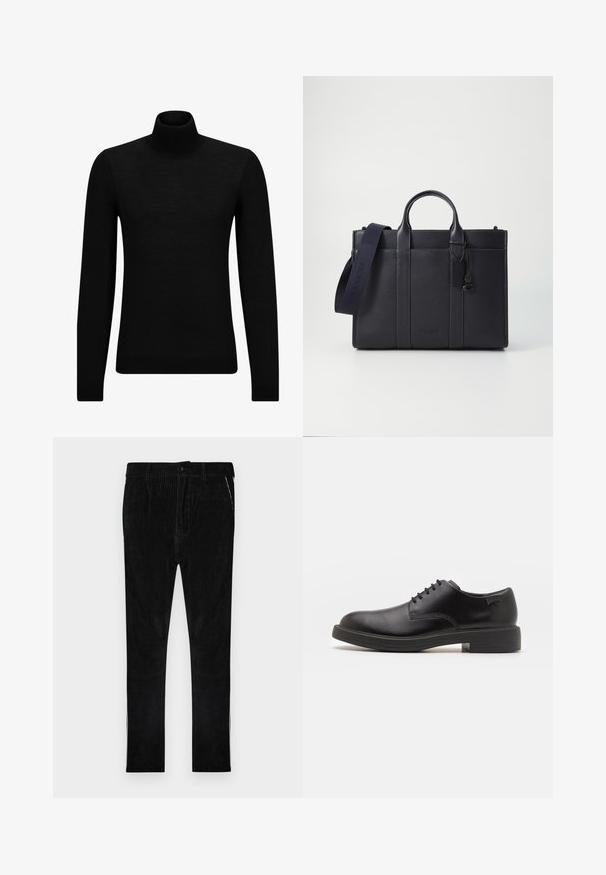 Black turtleneck sweater made of soft material, featuring long sleeves and a snug fit. Ribbed trim at the hem and cuffs. Simple design.; Black corduroy pants with vertical ribbing, featuring a classic button and zipper closure, side pockets, and straight cut legs.; Black leather lace-up shoe with a rounded toe, smooth texture, minimal stitching, and a low rubber heel. Logo on the heel.; Dark navy leather briefcase with dual top handles and a detachable strap. Features textured finish, vertical stitching, and logo detail.
