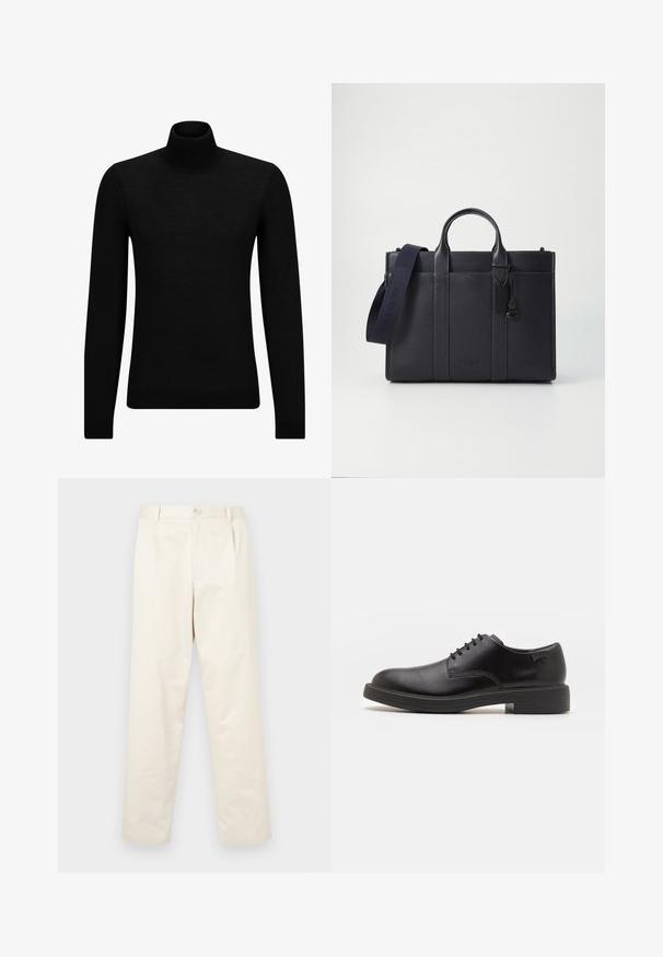 Sort turtleneck sweater lavet af blødt materiale, med lange ærmer og en tætsiddende pasform. Ribbet trim ved kanten og manchetter. Simpelt design.; Lys beige bomulds chinos med lige ben-design, der har en knaplukning og to sidelommer. Glat tekstur uden synlige mønstre.; Sorte læder snørestøvle med rund tå, glat tekstur, minimal syning og lav gummihæl. Logo på hælen.; Mørkeblå læderaktet med dobbelte topgreb og en aftagelig rem. Har tekstureret overflade, lodret syning og logodetalje.