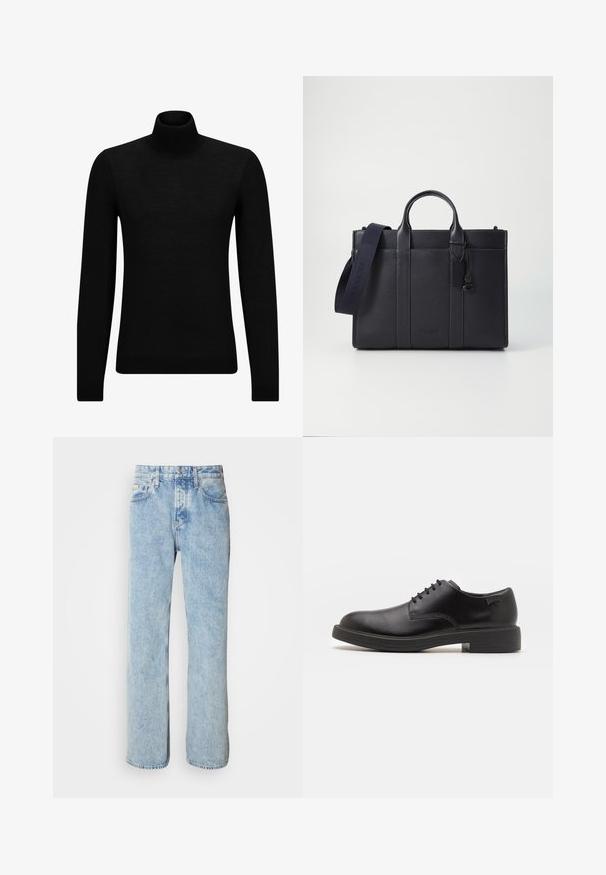 Musthave muströid ja pehmest materjalist must turtleneck, millel on pikad varrukad ja tihe istuvus. Ribaga ääris allservas ja vöökohal. Lihtne disain.; Heledad sinine teksapüksid, millel on sirge lõige, viie tasku disain ja nähtav õmblemine. Klassikaline vöökoht nupuga kinnitamisega.; Must beemel levalis kingad ümarate varvastega, sileda pinnaga, minimaalsete õmblustega ja madala kummist kontsaga. Logo kontsa peal.; Tumedat mere nahkbriefcase kahekordsete ülemiste käepidemetega ja eemaldatava rihmaga. Omab tekstureeritud viimistlust, vertikaalset õmblust ja logodetaili.