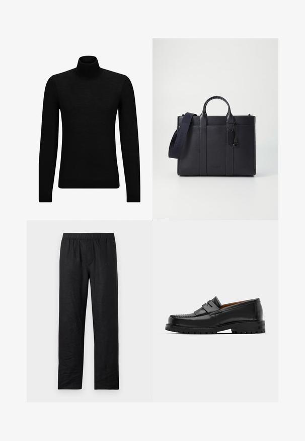 Crni dukserica s visokim ovratnikom, napravljena od mekanog materijala, s dugim rukavima i priljubljenim krojem. Rebrasti detalji na donjem rubu i rukavima. Jednostavan dizajn.; Crne lanene hlače s slobodnim krojem, s elastičnim pojasom i ravnim nogavicama. Glatka tekstura, bez vidljivih uzoraka ili naglasaka.; Crne kožne mokasine imaju podignutu šav, dvije dekorativne trake na gornjem dijelu i debeli teksturirani đon za bolji grip.; Tamno plavi kožni aktovka s dvije gornje ručke i odvojivim remenom. Ima teksturiranu površinu, vertikalno šivenje i detalj s logotipom.