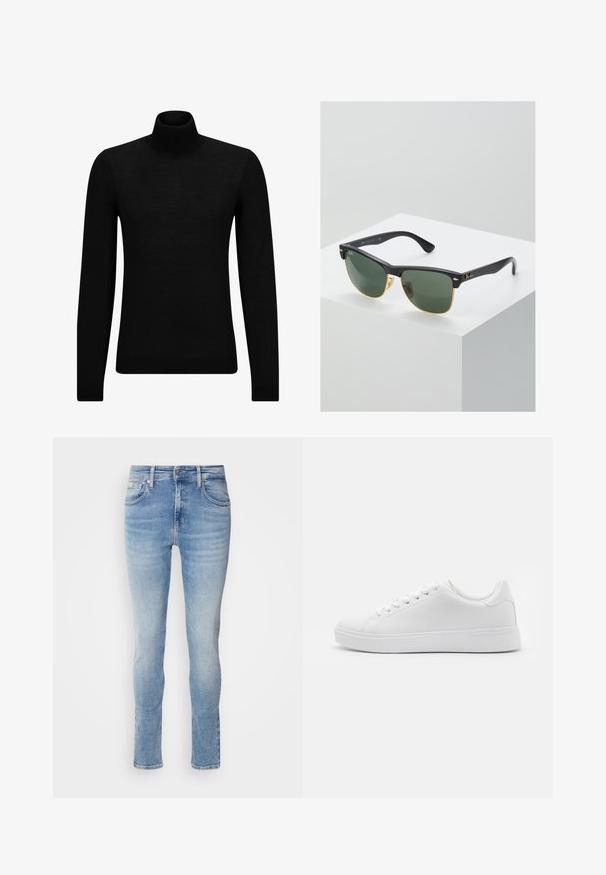 Jersey de cuello alto negro hecho de un material suave, con mangas largas y un ajuste ceñido. Ribete acanalado en el dobladillo y los puños. Diseño simple.; Vaqueros de mezclilla azul claro con corte ajustado, que cuentan con cinco bolsillos, pasadores para cinturón y un ligero degradado de color de oscuro a claro.; Zapatillas blancas con parte superior sintética suave, puntera redondeada, seis ojales para los cordones y suela de goma de perfil bajo con detalles texturizados.; Gafas de sol Ray-Ban con lentes verdes, montura de plástico negro y acentos dorados en los bordes. Forma cuadrada con acabado mate.